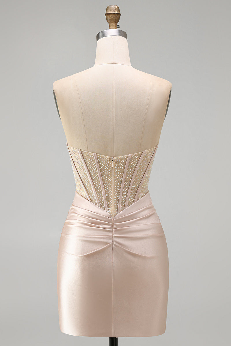Laden Sie das Bild in den Galerie-Viewer, Champagner Sweetheart Satin Strass Korsett Cocktailkleid mit Schlitz