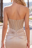Laden Sie das Bild in den Galerie-Viewer, Champagner Sweetheart Satin Strass Korsett Cocktailkleid mit Schlitz
