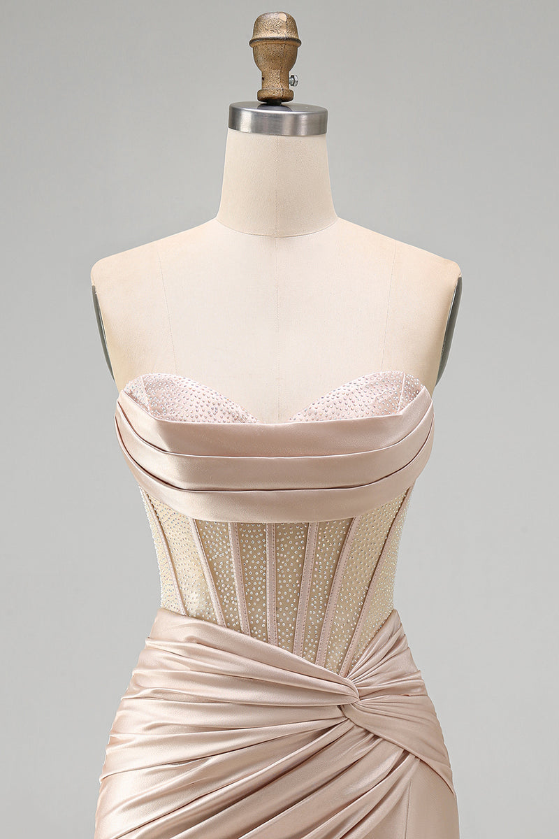 Laden Sie das Bild in den Galerie-Viewer, Champagner Sweetheart Satin Strass Korsett Cocktailkleid mit Schlitz