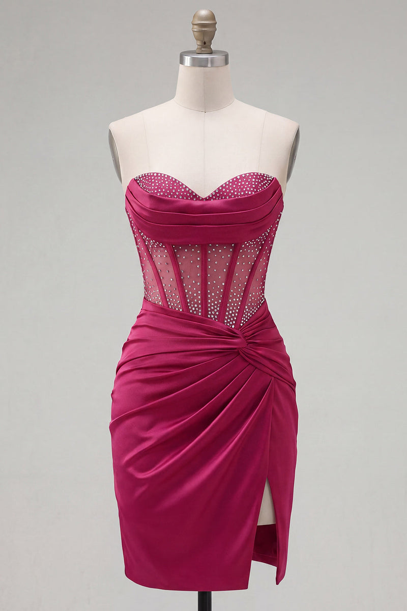 Laden Sie das Bild in den Galerie-Viewer, Burgundrotes Satin-Rapphing Sweetheart Sweetheart Sheer Korsett-Homecoming-Kleid mit Schlitz
