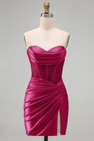 Laden Sie das Bild in den Galerie-Viewer, Burgundrotes Satin Rapphing Sweetheart Sheer Korsett Kurzes Abendkleid mit Schlitz