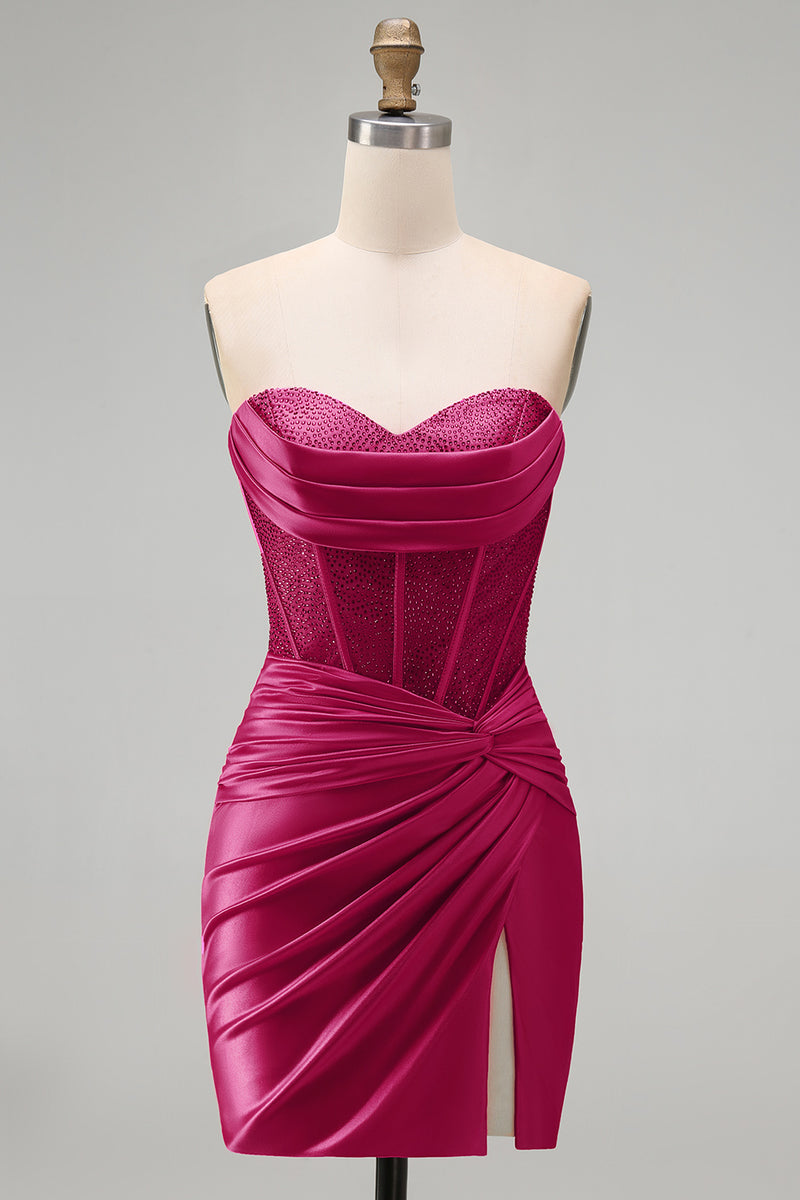 Laden Sie das Bild in den Galerie-Viewer, Burgundrotes Satin Rapphing Sweetheart Sheer Korsett Kurzes Abendkleid mit Schlitz
