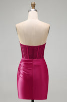 Laden Sie das Bild in den Galerie-Viewer, Burgundrotes Satin Rapphing Sweetheart Sheer Korsett Kurzes Abendkleid mit Schlitz