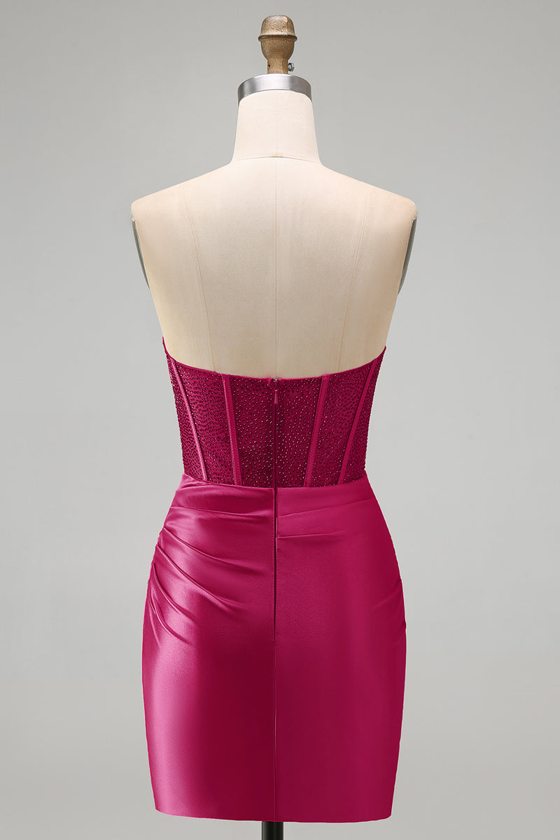 Laden Sie das Bild in den Galerie-Viewer, Burgundrotes Satin Rapphing Sweetheart Sheer Korsett Kurzes Abendkleid mit Schlitz