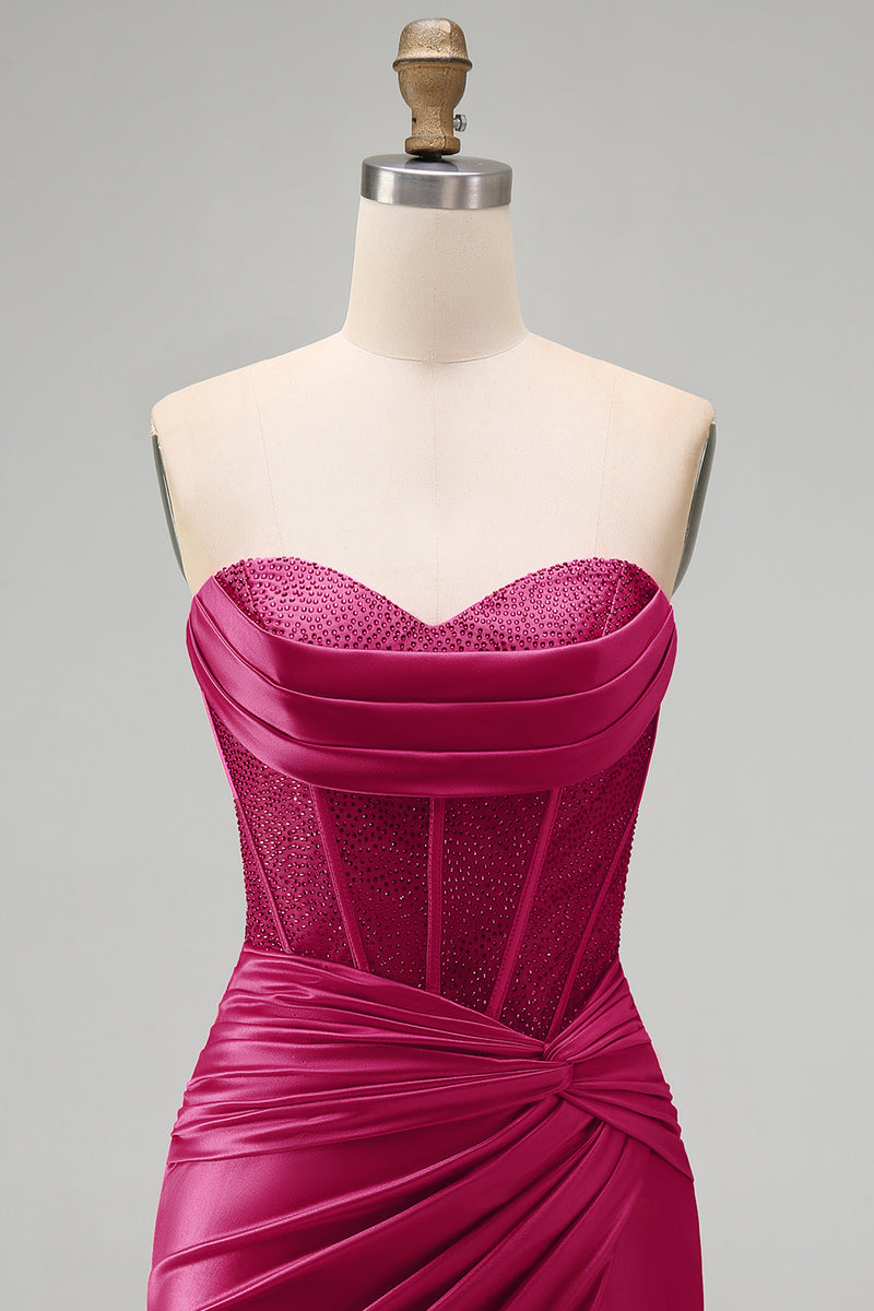 Laden Sie das Bild in den Galerie-Viewer, Burgundrotes Satin Rapphing Sweetheart Sheer Korsett Kurzes Abendkleid mit Schlitz