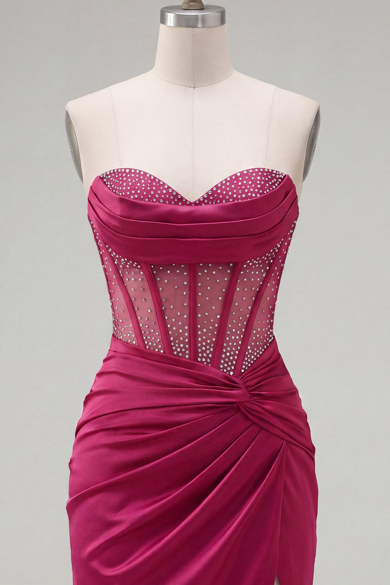 Laden Sie das Bild in den Galerie-Viewer, Burgundrotes Satin-Rapphing Sweetheart Sweetheart Sheer Korsett-Homecoming-Kleid mit Schlitz