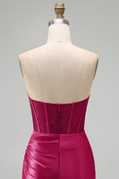 Laden Sie das Bild in den Galerie-Viewer, Burgundrotes Satin Rapphing Sweetheart Sheer Korsett Kurzes Abendkleid mit Schlitz
