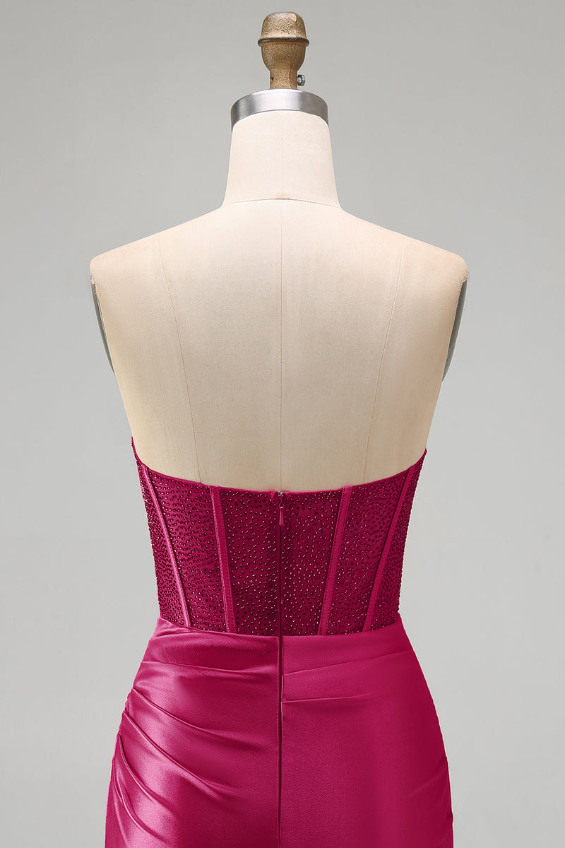 Laden Sie das Bild in den Galerie-Viewer, Burgundrotes Satin Rapphing Sweetheart Sheer Korsett Kurzes Abendkleid mit Schlitz
