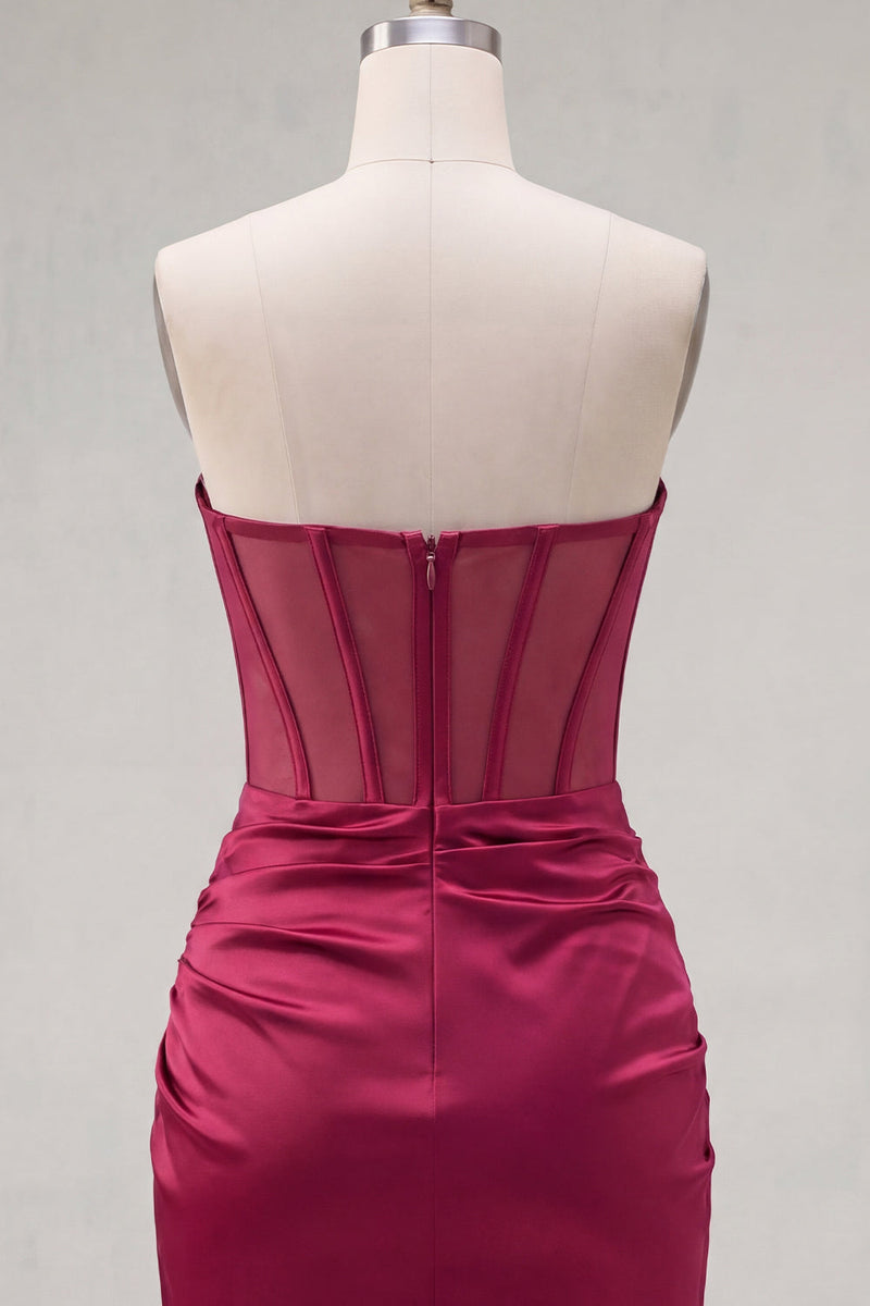 Laden Sie das Bild in den Galerie-Viewer, Burgundrotes Satin-Rapphing Sweetheart Sweetheart Sheer Korsett-Homecoming-Kleid mit Schlitz