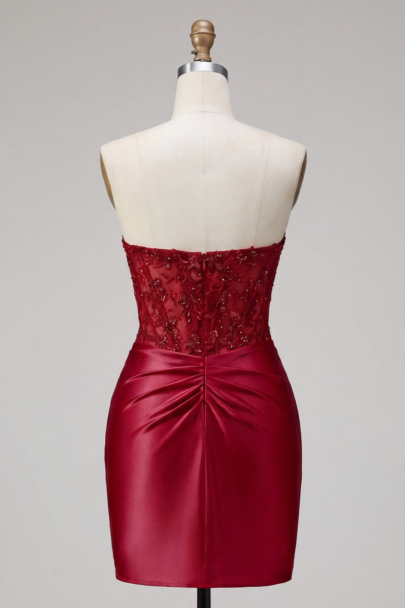 Laden Sie das Bild in den Galerie-Viewer, Rotes Satin-Sweetheart-Schnitt mit transparentem Korsett Homecoming-Kleid