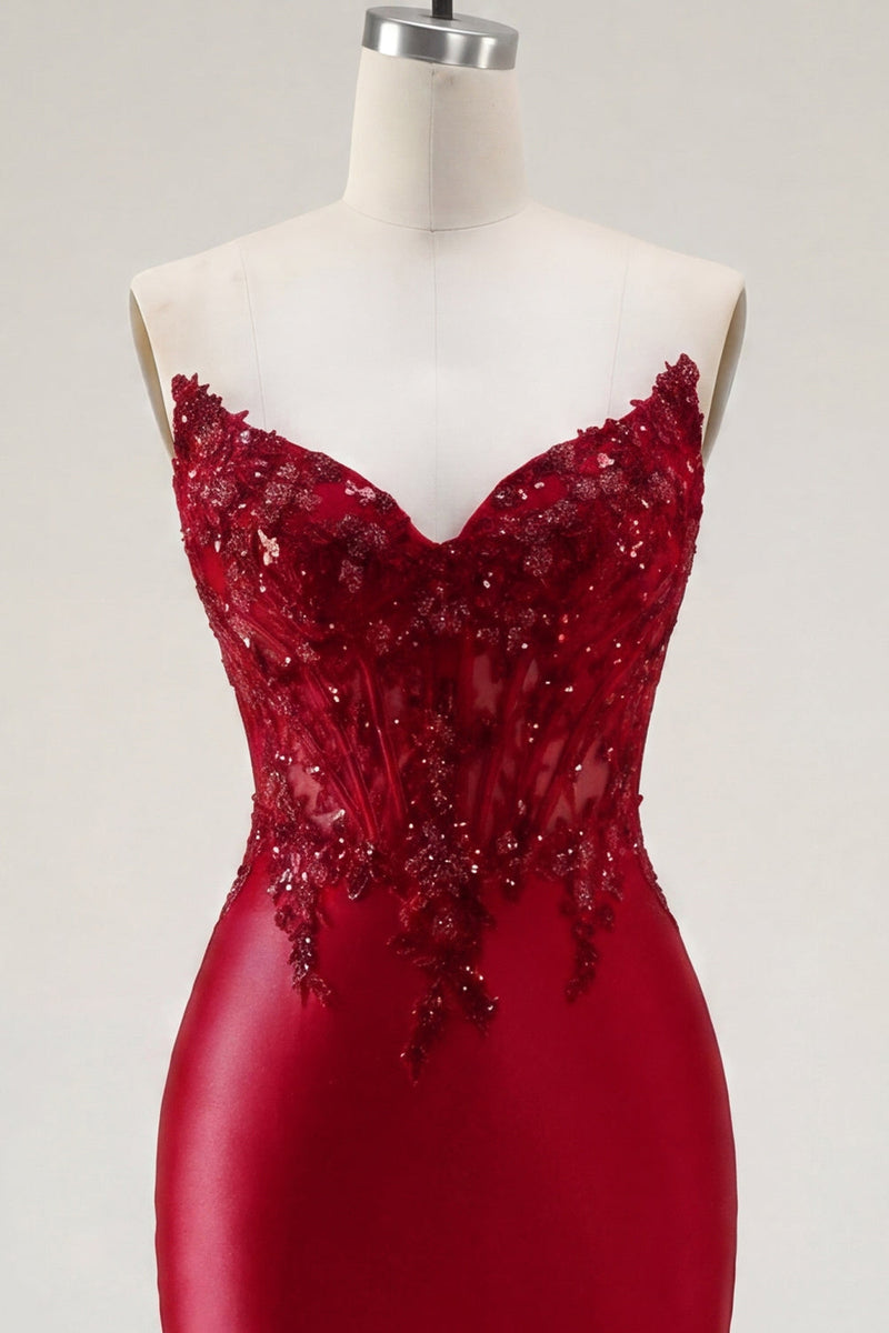 Laden Sie das Bild in den Galerie-Viewer, Rotes Satin-Sweetheart-Schnitt mit transparentem Korsett Homecoming-Kleid