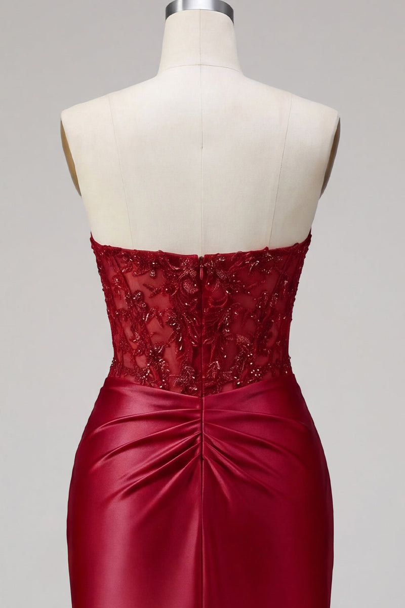 Laden Sie das Bild in den Galerie-Viewer, Rotes Satin-Sweetheart-Schnitt mit transparentem Korsett Homecoming-Kleid
