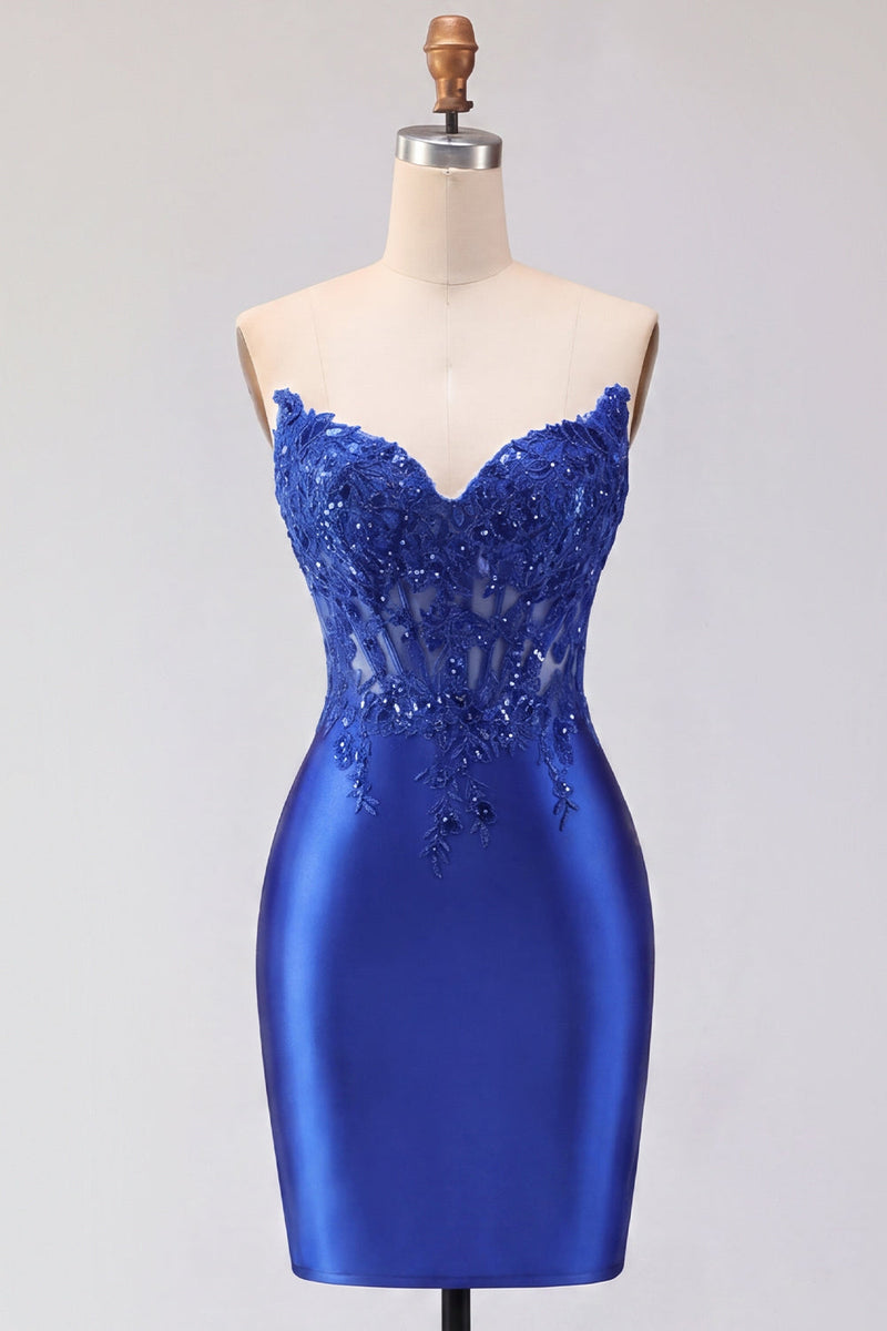Laden Sie das Bild in den Galerie-Viewer, Rotes Satin-Sweetheart-Schnitt mit transparentem Korsett Homecoming-Kleid