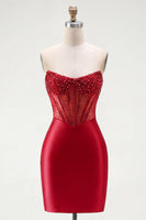 Laden Sie das Bild in den Galerie-Viewer, Rotes Satin-Perlen-Bodycon-Sweetheart-Transparentes Korsett-Homecoming-Kleid