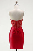 Laden Sie das Bild in den Galerie-Viewer, Rotes Satin-Perlen-Bodycon-Sweetheart-Transparentes Korsett-Homecoming-Kleid