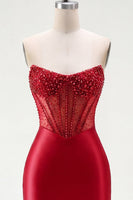 Laden Sie das Bild in den Galerie-Viewer, Rotes Satin-Perlen-Bodycon-Sweetheart-Transparentes Korsett-Homecoming-Kleid