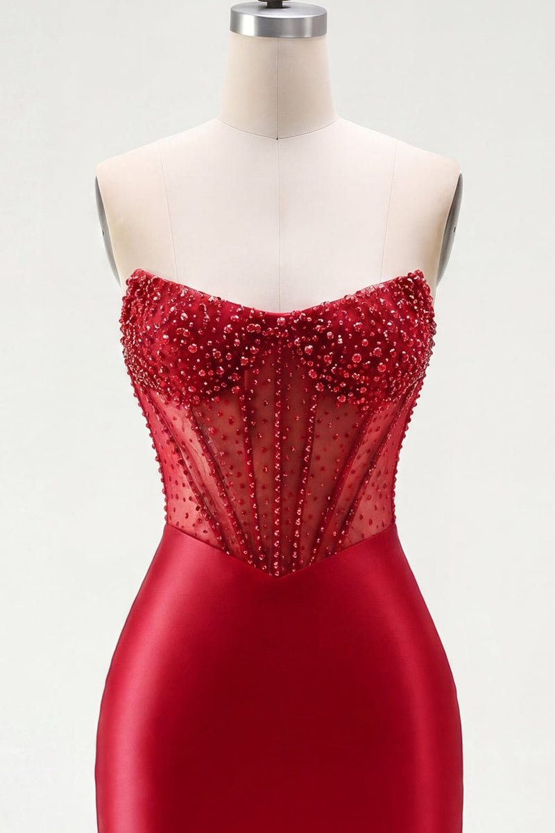 Laden Sie das Bild in den Galerie-Viewer, Rotes Satin-Perlen-Bodycon-Sweetheart-Transparentes Korsett-Homecoming-Kleid