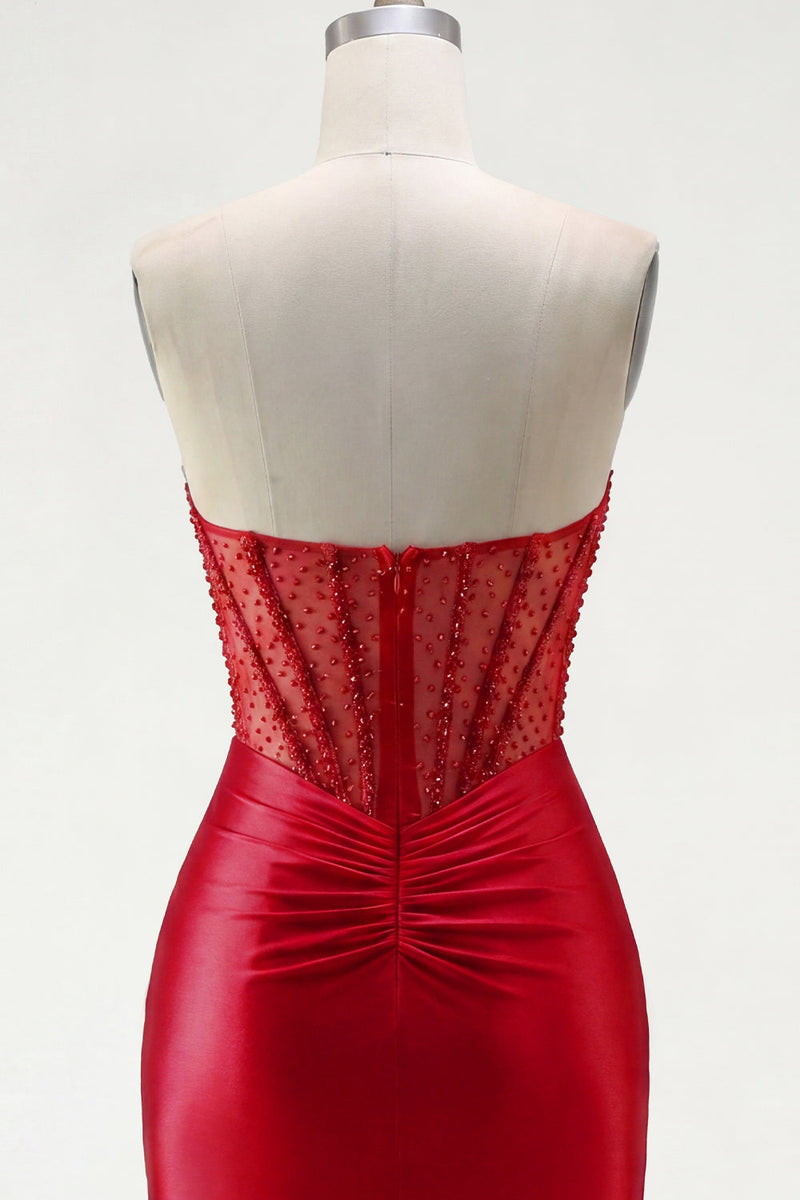 Laden Sie das Bild in den Galerie-Viewer, Rotes Satin-Perlen-Bodycon-Sweetheart-Transparentes Korsett-Homecoming-Kleid