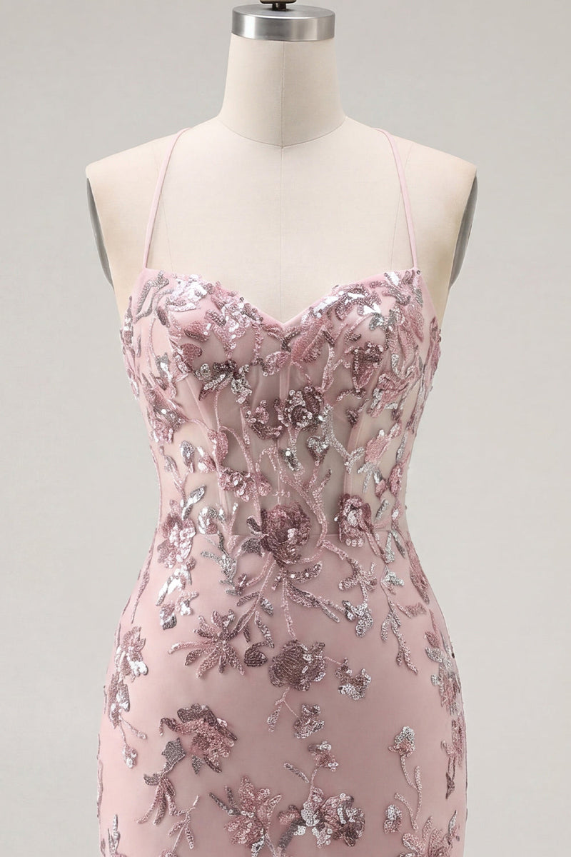 Laden Sie das Bild in den Galerie-Viewer, Rouge Bodycon Neckholderhals Transparentes Korsett, Pailletten Heimkehrkleid