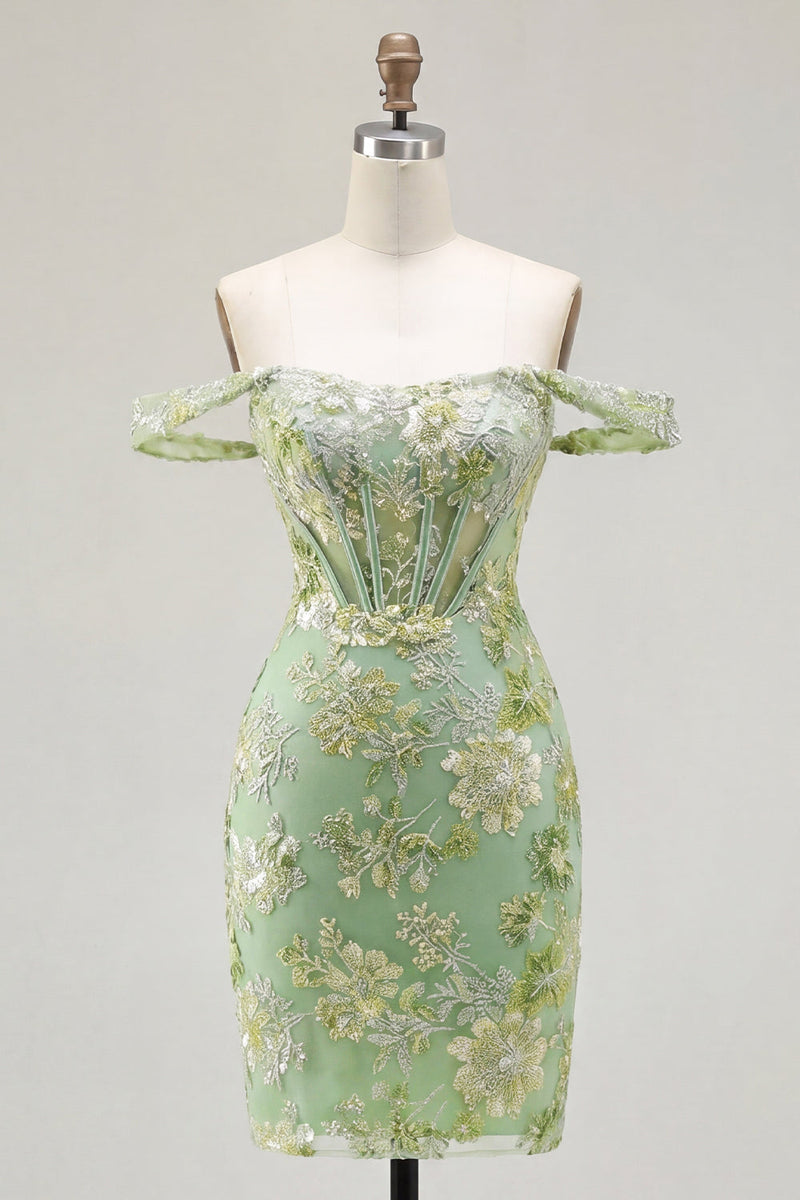 Laden Sie das Bild in den Galerie-Viewer, Grünes Off-the-Shoulder-Bodycon-Floral-Transparentes Korsett-Homecoming-Kleid