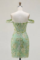 Laden Sie das Bild in den Galerie-Viewer, Grünes Off-the-Shoulder-Bodycon-Floral-Transparentes Korsett-Homecoming-Kleid