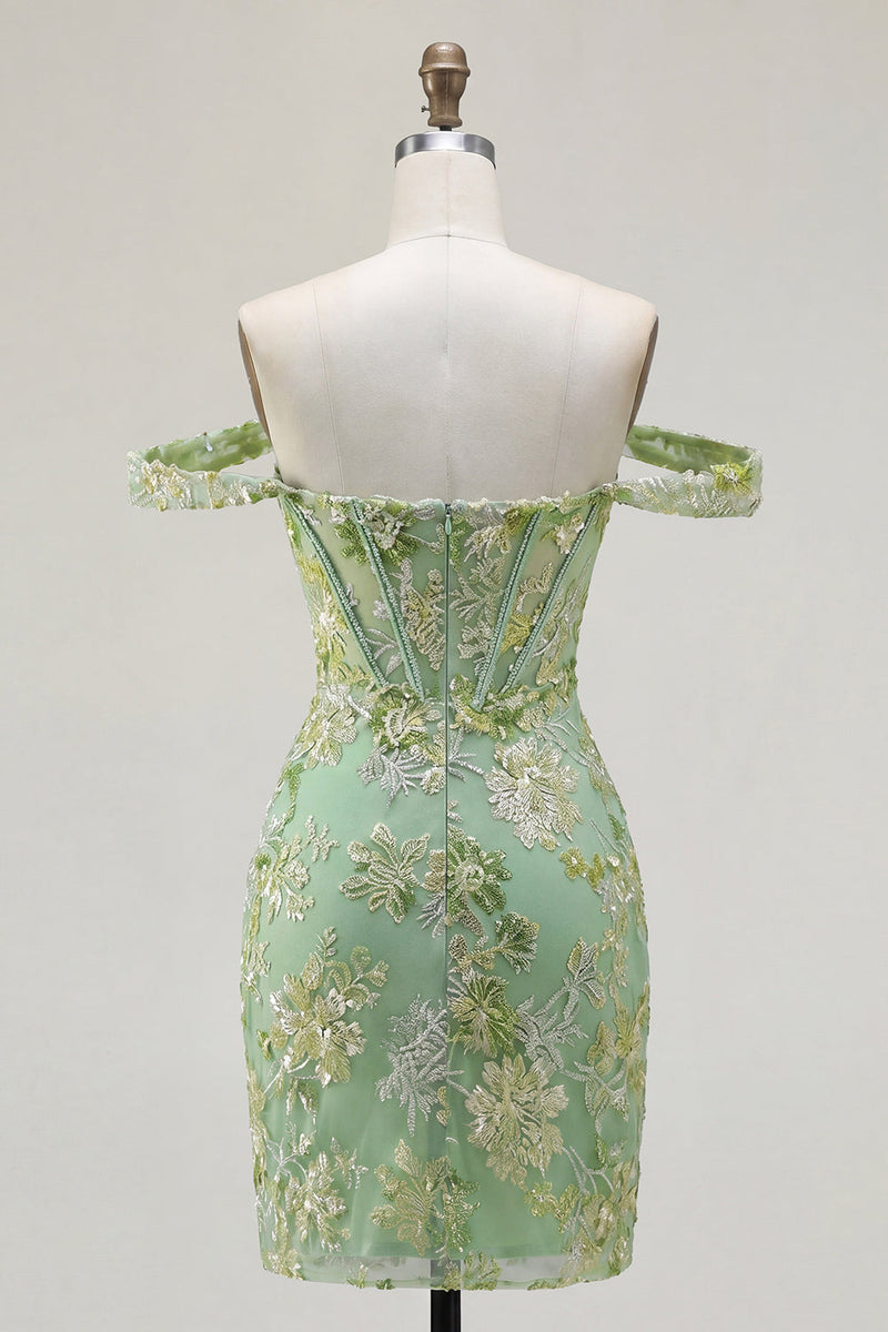 Laden Sie das Bild in den Galerie-Viewer, Grünes Off-the-Shoulder-Bodycon-Floral-Transparentes Korsett-Homecoming-Kleid