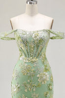 Laden Sie das Bild in den Galerie-Viewer, Grünes Off-the-Shoulder-Bodycon-Floral-Transparentes Korsett-Homecoming-Kleid