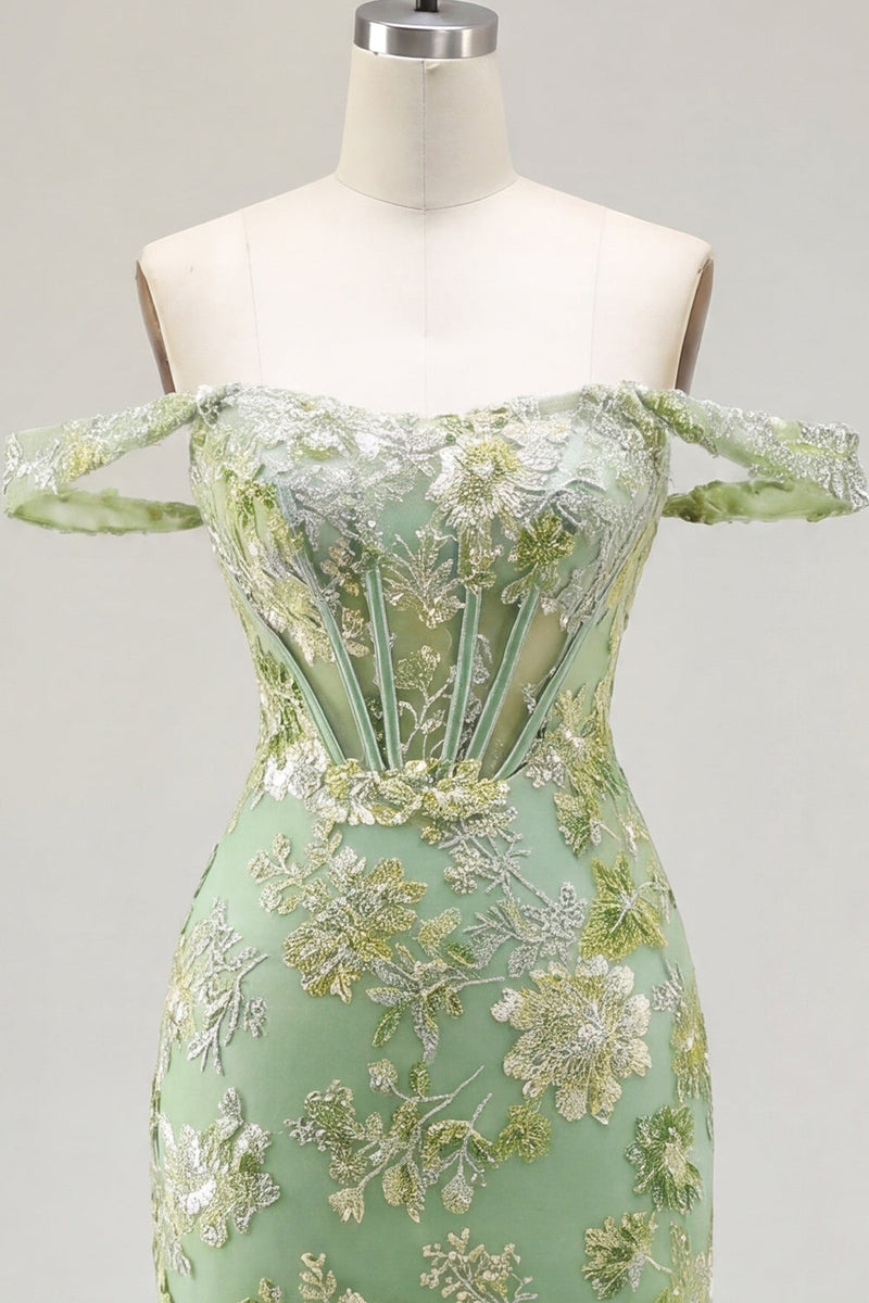 Laden Sie das Bild in den Galerie-Viewer, Grünes Off-the-Shoulder-Bodycon-Floral-Transparentes Korsett-Homecoming-Kleid