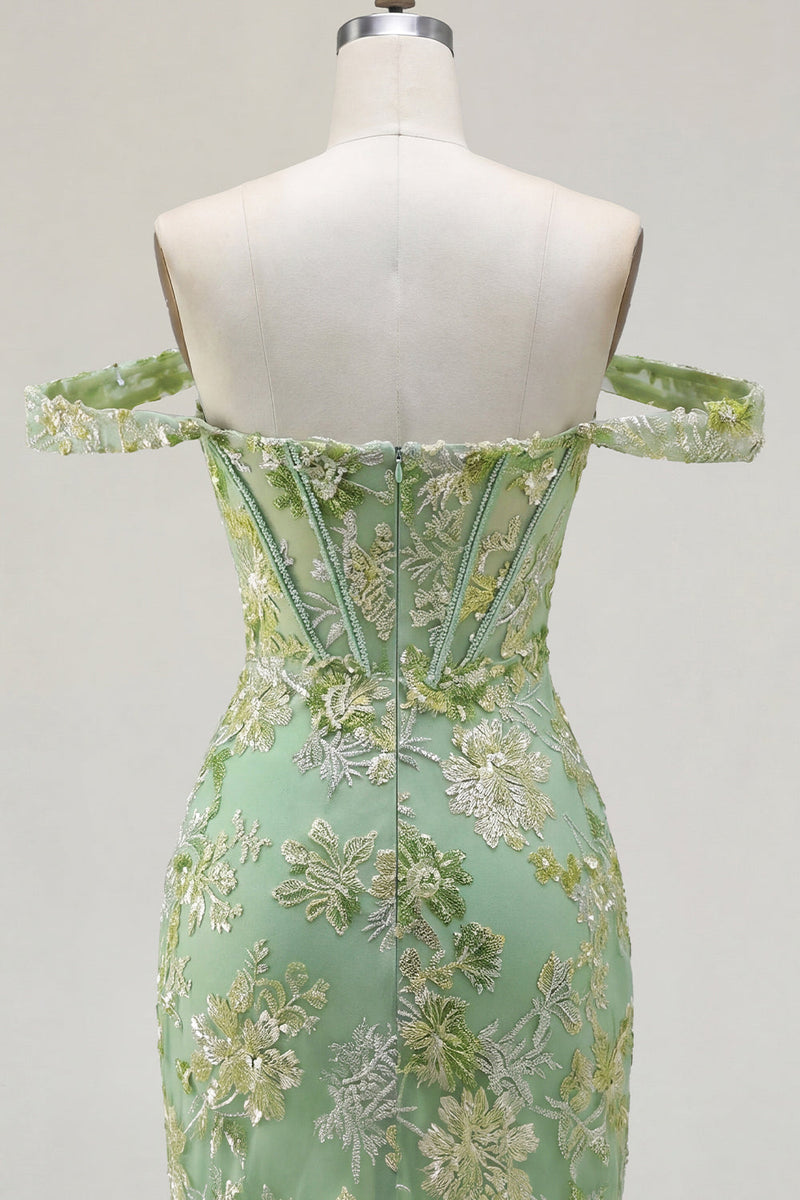 Laden Sie das Bild in den Galerie-Viewer, Grünes Off-the-Shoulder-Bodycon-Floral-Transparentes Korsett-Homecoming-Kleid