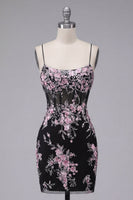 Laden Sie das Bild in den Galerie-Viewer, Schwarze Pink Flower Bodycon transparentes Korsett-Homecoming-Kleid