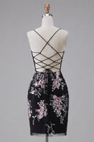 Laden Sie das Bild in den Galerie-Viewer, Schwarze Pink Flower Bodycon transparentes Korsett-Homecoming-Kleid