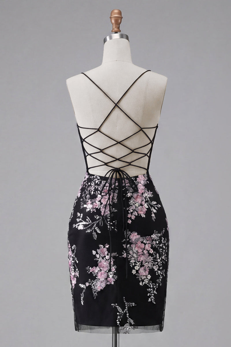 Laden Sie das Bild in den Galerie-Viewer, Schwarze Pink Flower Bodycon transparentes Korsett-Homecoming-Kleid