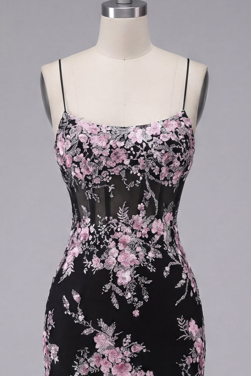 Laden Sie das Bild in den Galerie-Viewer, Schwarze Pink Flower Bodycon transparentes Korsett-Homecoming-Kleid
