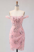 Laden Sie das Bild in den Galerie-Viewer, Off-the-shoulder Rouge Bodycon transparente Korsettpailletten Homecoming-Kleid