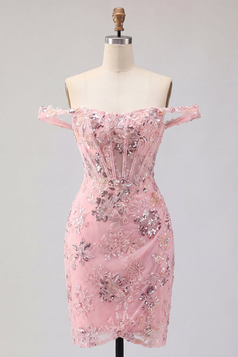 Laden Sie das Bild in den Galerie-Viewer, Off-the-shoulder Rouge Bodycon transparente Korsettpailletten Homecoming-Kleid