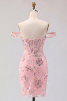 Laden Sie das Bild in den Galerie-Viewer, Off-the-shoulder Rouge Bodycon transparente Korsettpailletten Homecoming-Kleid