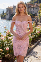 Laden Sie das Bild in den Galerie-Viewer, Off-the-shoulder Rouge Bodycon transparente Korsettpailletten Homecoming-Kleid