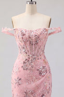Laden Sie das Bild in den Galerie-Viewer, Off-the-shoulder Rouge Bodycon transparente Korsettpailletten Homecoming-Kleid