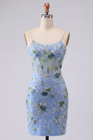 Laden Sie das Bild in den Galerie-Viewer, Blaues Bodycon besticktes, blumiges, transparentes Korsett-Homecoming-Kleid
