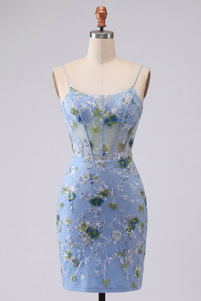 Laden Sie das Bild in den Galerie-Viewer, Blaues Bodycon besticktes, blumiges, transparentes Korsett-Homecoming-Kleid