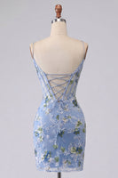 Laden Sie das Bild in den Galerie-Viewer, Blaues Bodycon besticktes, blumiges, transparentes Korsett-Homecoming-Kleid