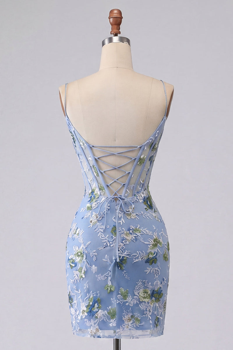 Laden Sie das Bild in den Galerie-Viewer, Blaues Bodycon besticktes, blumiges, transparentes Korsett-Homecoming-Kleid