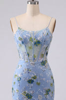 Laden Sie das Bild in den Galerie-Viewer, Blaues Bodycon besticktes, blumiges, transparentes Korsett-Homecoming-Kleid
