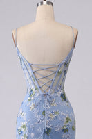 Laden Sie das Bild in den Galerie-Viewer, Blaues Bodycon besticktes, blumiges, transparentes Korsett-Homecoming-Kleid