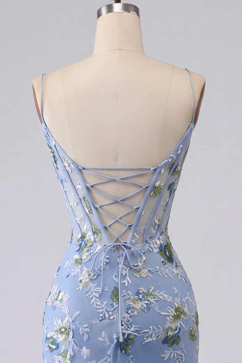 Laden Sie das Bild in den Galerie-Viewer, Blaues Bodycon besticktes, blumiges, transparentes Korsett-Homecoming-Kleid