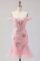 Laden Sie das Bild in den Galerie-Viewer, Blush-Off-the-Shoulder Bodycon florales transparentes Korsett-Pailletten-Homecoming-Kleid mit Rüschen