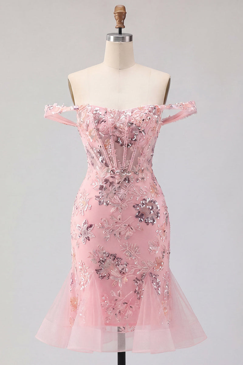 Laden Sie das Bild in den Galerie-Viewer, Blush-Off-the-Shoulder Bodycon florales transparentes Korsett-Pailletten-Homecoming-Kleid mit Rüschen