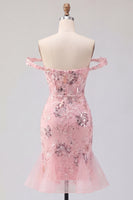 Laden Sie das Bild in den Galerie-Viewer, Blush-Off-the-Shoulder Bodycon florales transparentes Korsett-Pailletten-Homecoming-Kleid mit Rüschen
