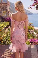 Laden Sie das Bild in den Galerie-Viewer, Blush-Off-the-Shoulder Bodycon florales transparentes Korsett-Pailletten-Homecoming-Kleid mit Rüschen