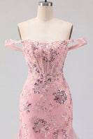 Laden Sie das Bild in den Galerie-Viewer, Blush-Off-the-Shoulder Bodycon florales transparentes Korsett-Pailletten-Homecoming-Kleid mit Rüschen